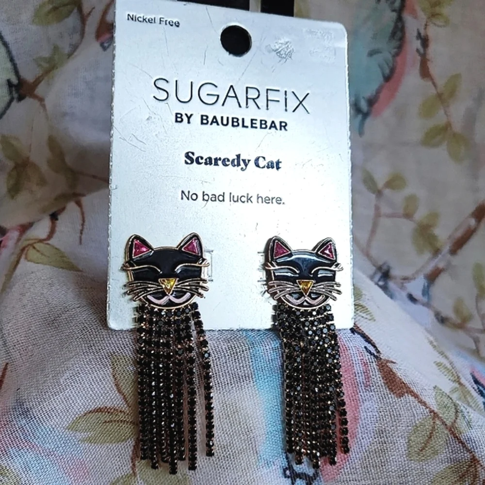 SugarFix BaubleBar Scaredy Black Cat Rhinestone Prong Set Pierced Earrings NWT